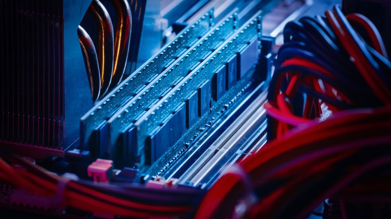 Close-up-Macro-Shot-of-Installed-RAM-Memory-in-Computer-Motherboard-Slot.-Technically-Advanced-PC-Server-System.-Modern-High-End-PC-Shot