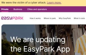 EasyPark Webpage with a yellow banner at the top saying they were part of a data breach.