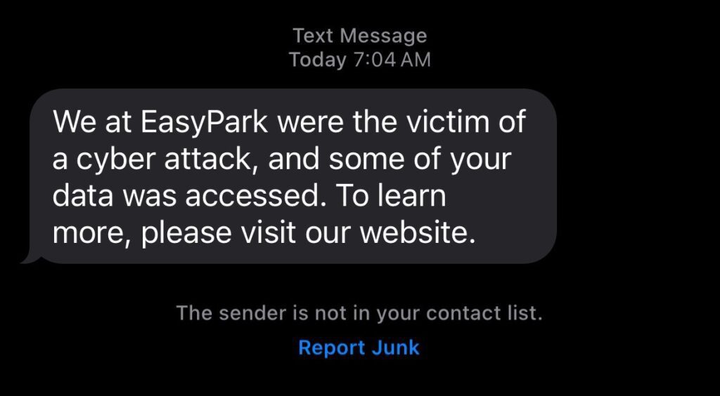 Text message from EasyPark informing people of the data breach. They are asking people to go to their webpage for more information.
