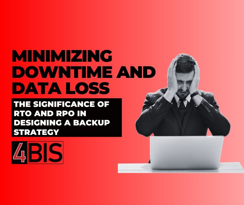 Man holding his head looking at a computer in frustration. Headline. Minimizing downtime and data loss. Sub headline. The significance of RTO and RPO in designing a backup strategy.