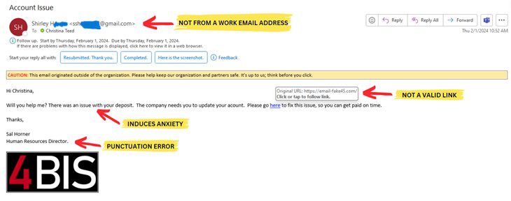 A sample phishing email that looks like it is from a business account but is really from a personal Gmail account.