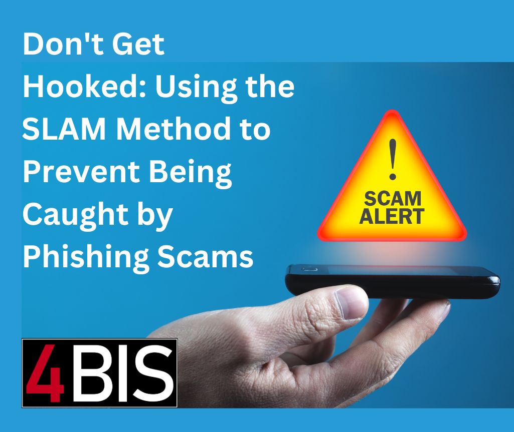 A hand with a yellow triangle hovering above. Text on the triangle says ! SCAM ALERT. The headline is Don't get hooked: Using the SLAM Method to prevent being caught by phishing scams.