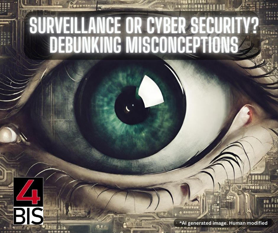 Image of an eye with the 4BIS logo in the lower left hand corner. The headline reads: Surveillance or Cyber Security? Debunking Misconceptions.